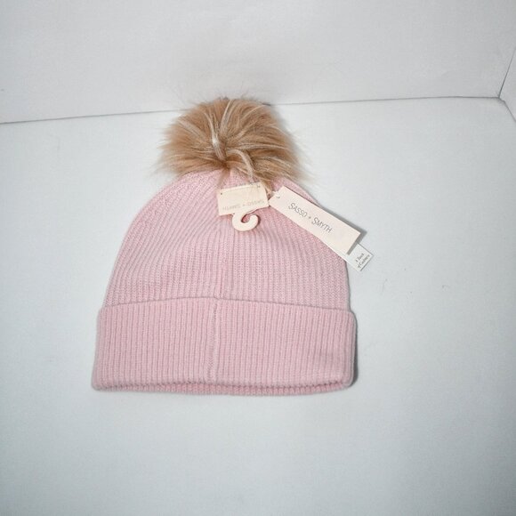 SASSO + SMYTH Ribbed Cuff Faux Fur Pom Beanie in Pink #F42HS500 NWT - Picture 2 of 3